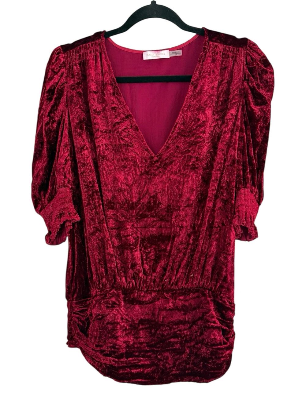 Ramy Brook Large red Burgundy Velvet VNeck Blouse Ruched Waist Puff Sleeve Party